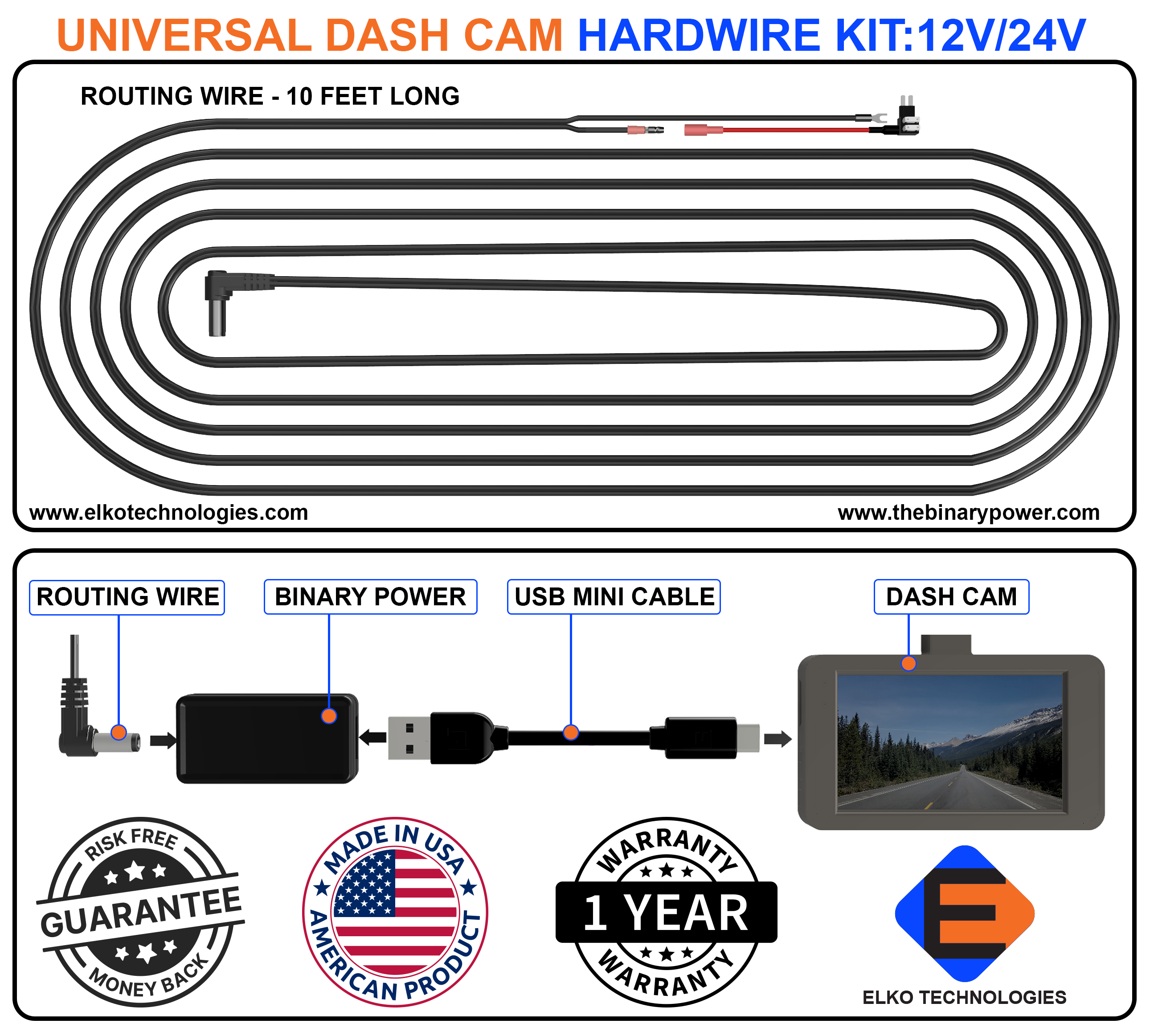 Universal Hardwire Dash Cam kit 12/24 VDC Compatible – Elko